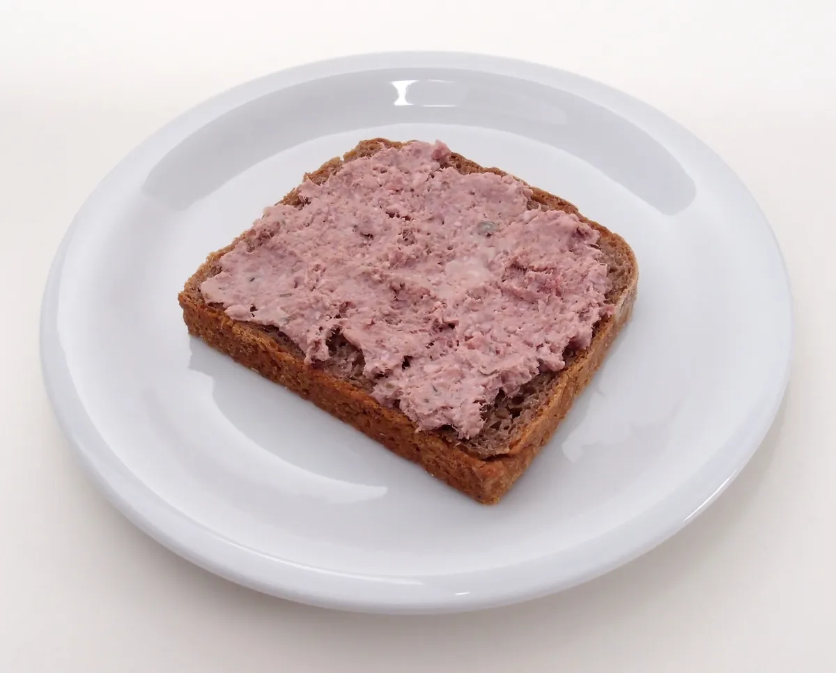 正方形に近い茶色いパンの上一面に、薄いピンクがかった灰色でざらついた質感のペーストが塗られている。白い皿の上に単体で置かれている