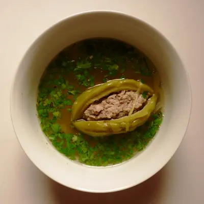 白い器に入った透明なスープの中央に、輪切りにした緑色の苦瓜がひき肉で詰められて浮かび、周囲に刻んだ緑の香草が散っている真上からの写真。