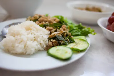 皿に盛られた、香草と唐辛子を混ぜた鶏ひき肉のラープ