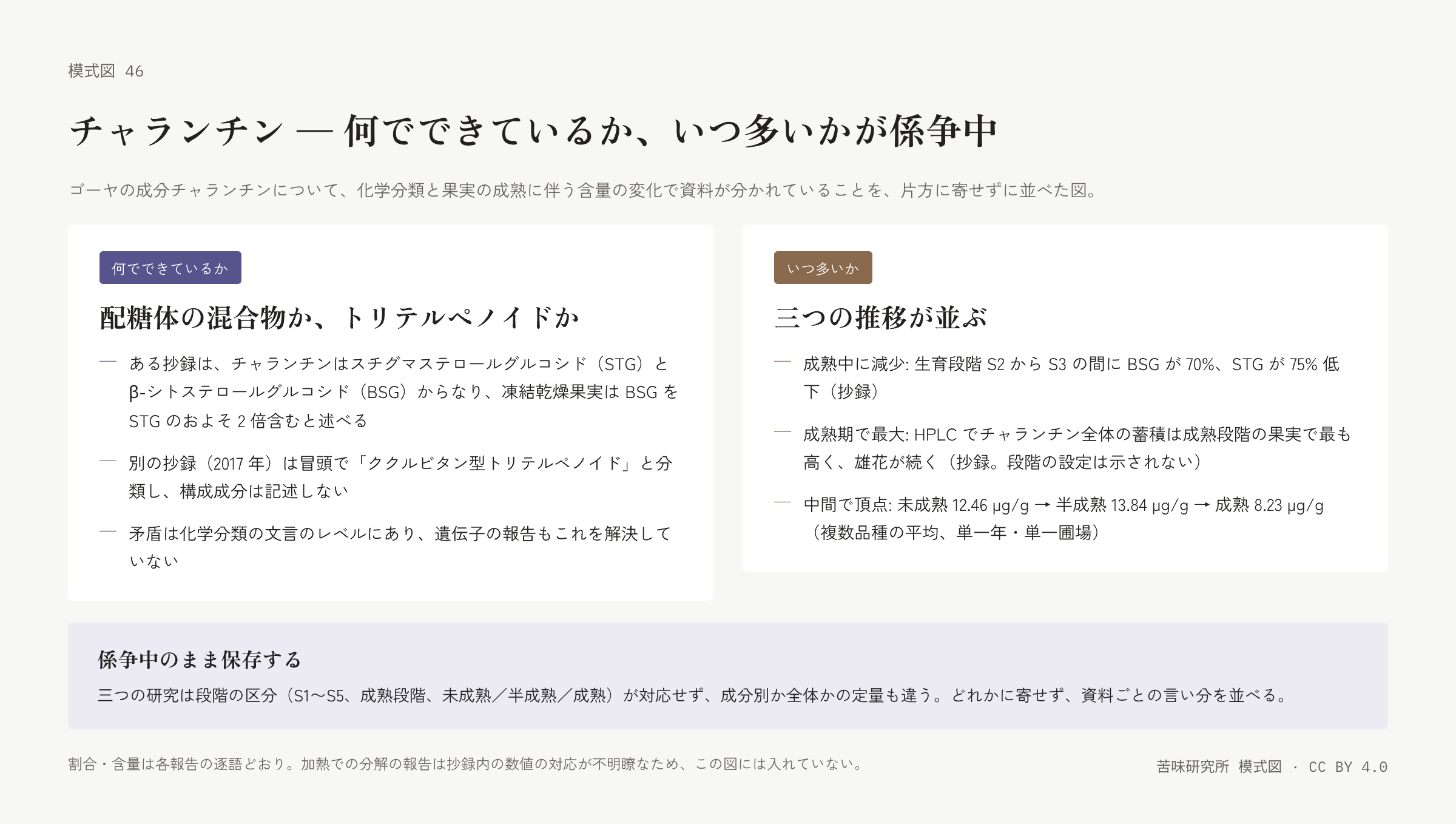 左右二枚の札。左は「何でできているか」の札で、配糖体の混合物とする抄録、トリテルペノイドとする抄録、矛盾の水準の三行。右は「いつ多いか」の札で、成熟中に減少、成熟期で最大、中間で頂点の三つの推移。下に「係争中のまま保存する」の帯。