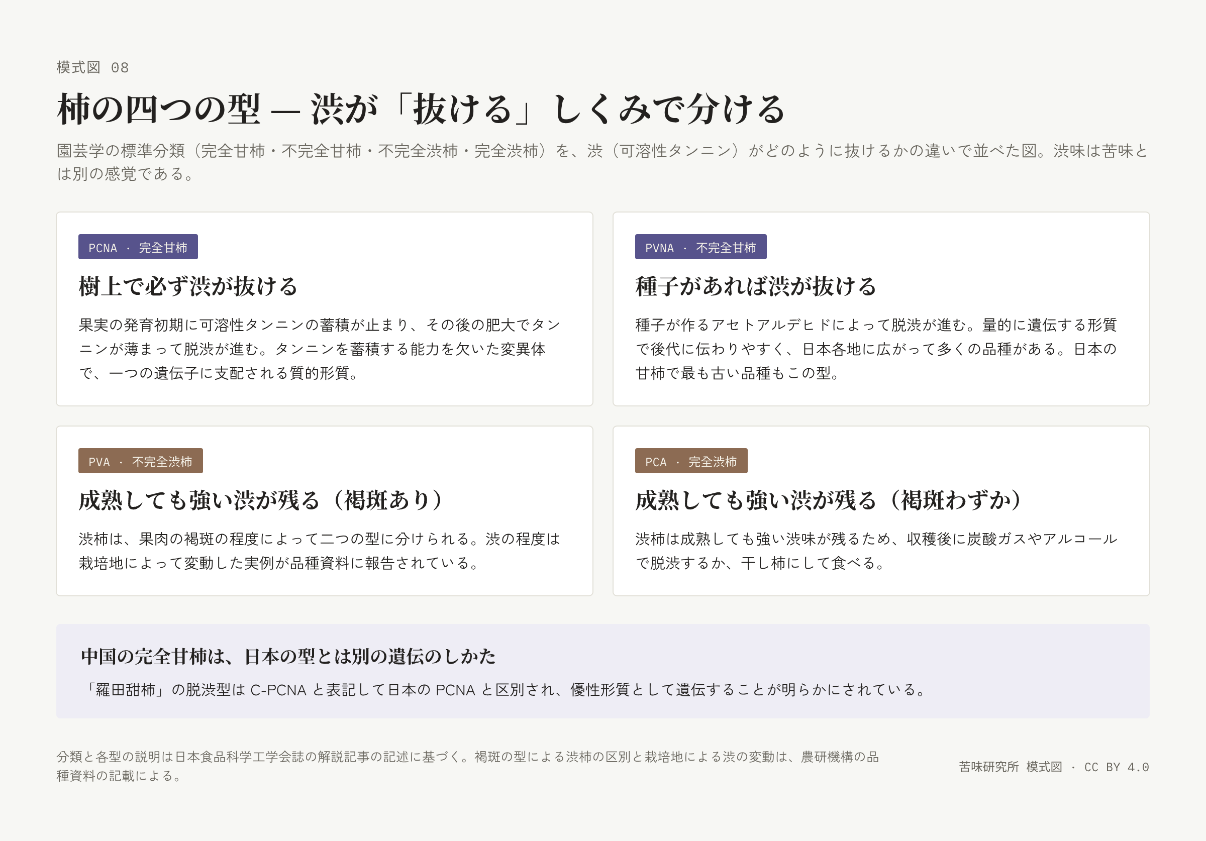 二行二列の四枚の札。上段は完全甘柿「樹上で必ず渋が抜ける」と不完全甘柿「種子があれば渋が抜ける」、下段は不完全渋柿と完全渋柿「成熟しても強い渋が残る」。下に中国の完全甘柿についての帯。