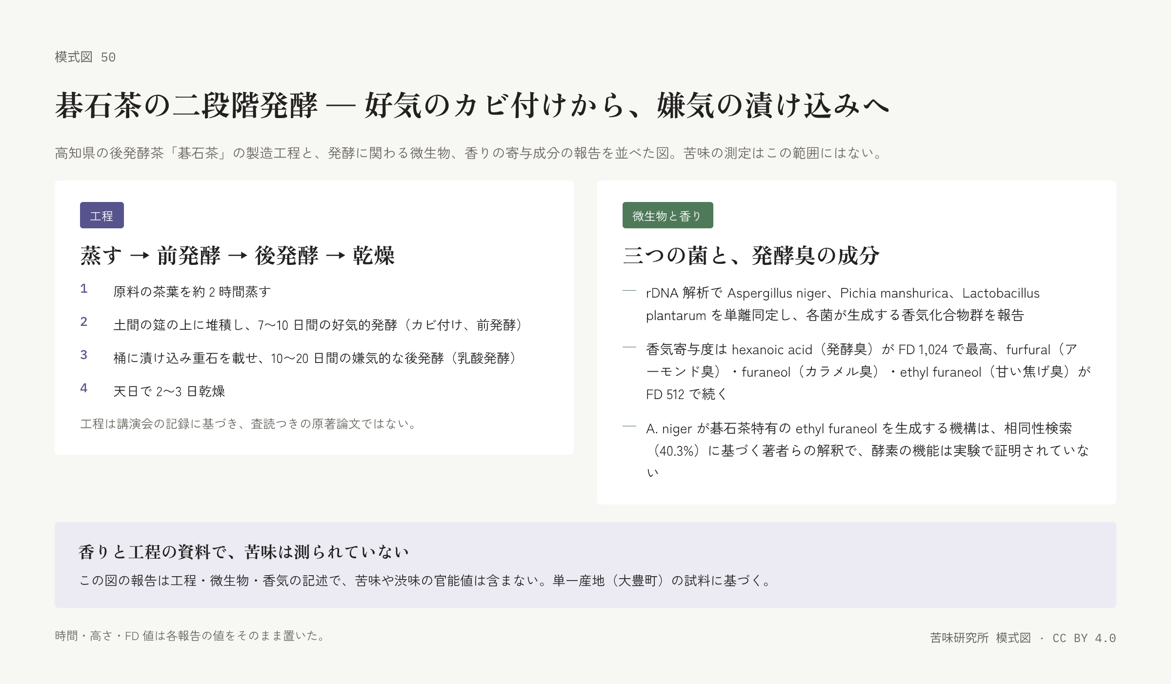 左の札は四つの工程を番号で並べた列と、講演記録に基づくという注記。右の札は三つの菌、香気寄与度の上位成分、生成機構の解釈の限界の三行。下に「香りと工程の資料で苦味は測られていない」の帯。