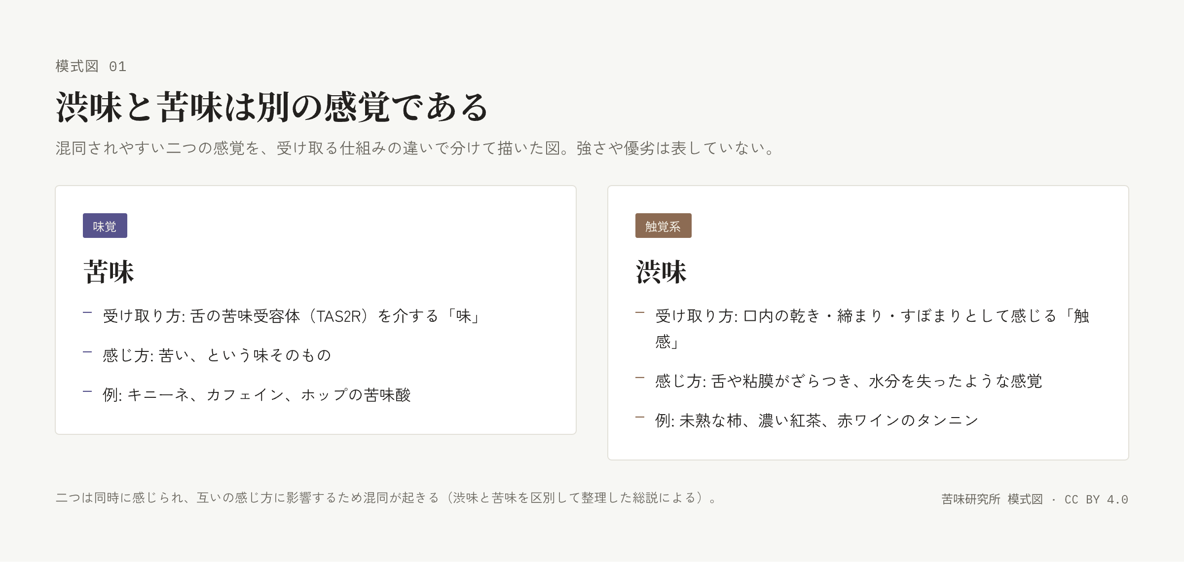 左右二つの枠。左は「味覚」の札と「苦味」の見出しの下に、受け取り方・感じ方・例の三行。右は「触覚系」の札と「渋味」の見出しの下に同じ三行。下に総説に基づく旨の注記。