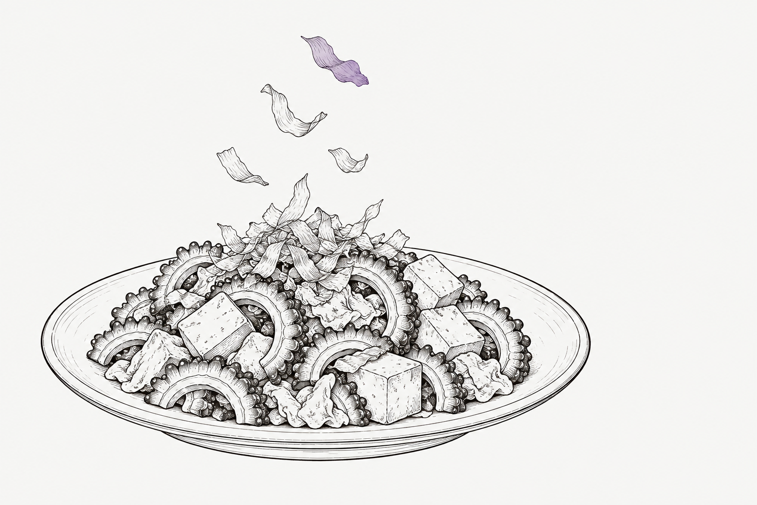 半月形のゴーヤ、豆腐、卵を盛った皿へ、薄い削り節が舞い落ちている。一枚だけが紫に描かれている。