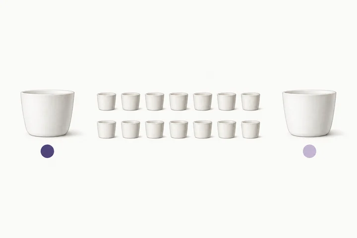 Two identical white cups whose contents are hidden, one on each side. Between them, fourteen small white cups in two rows of seven stand for the days of two weeks. The purple mark is dark under the left cup (before) and light under the right cup (after two weeks). No vegetables or tea are shown.