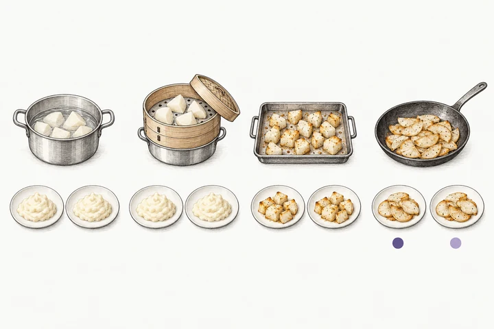Under four ways of cooking turnip (boiled, steamed, roasted, stir-fried), two plates of each dish. Purple marks appear only under the two plates of stir-fried turnip, darker on the left and lighter on the right.